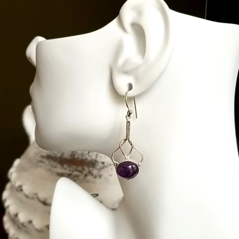 Hand Crafted Amethyst .925 Sterling Silver Hook Pierced Earrings